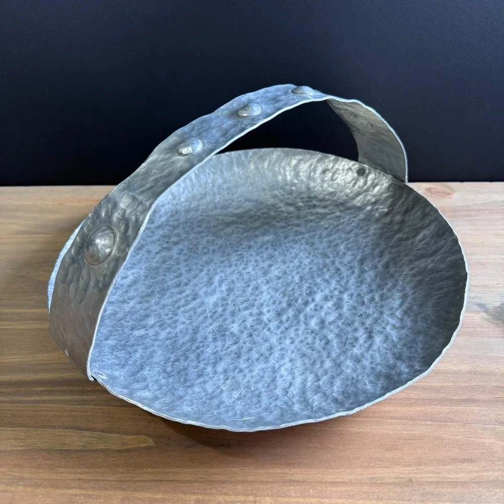 Brutalist Industrial vintage hammered ALUMINUM tray with riveted handle LIGHT